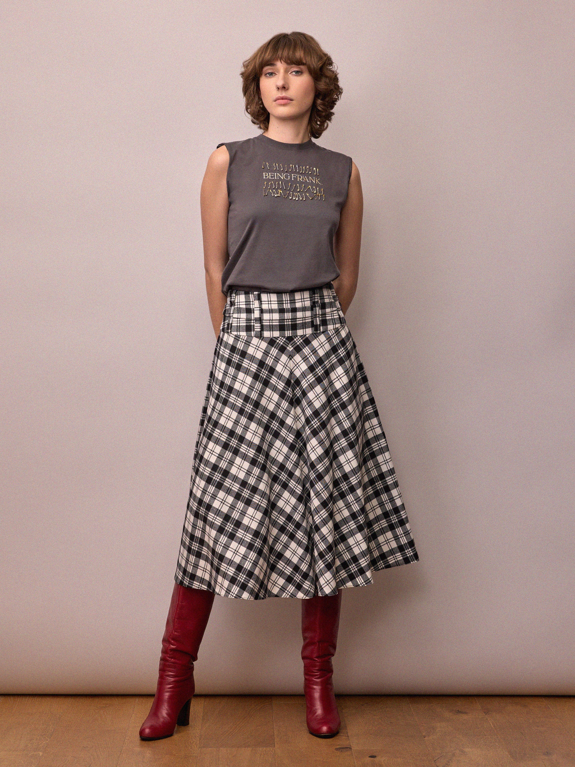 Camille Skirt / Black and White Check Wool